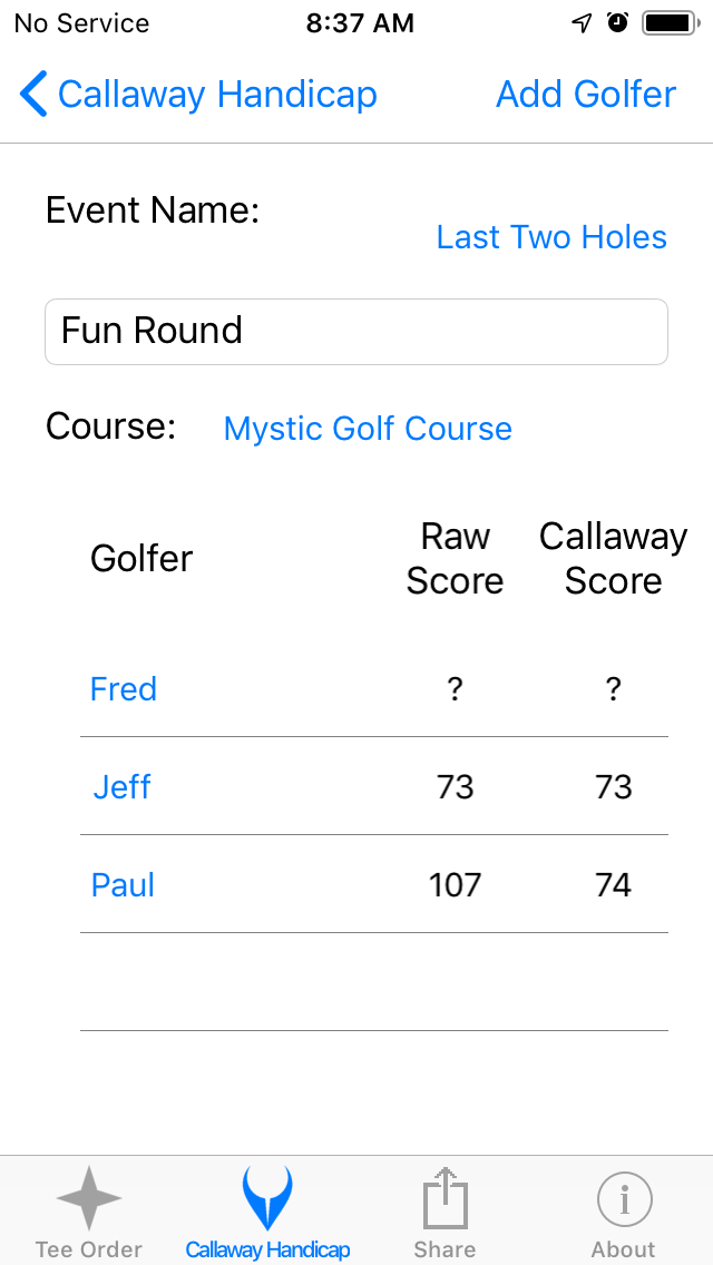 Added Golfer to Delete screenshot from Cruncher Callaway Handicap Calculator App on iPhone