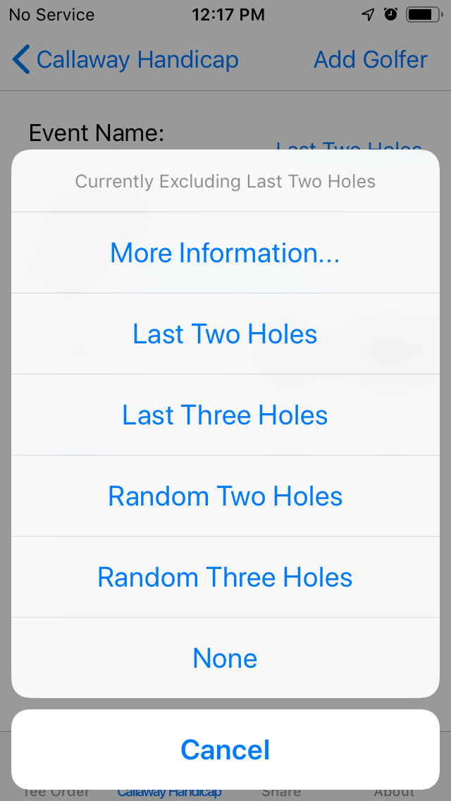 Change Last Two Holes Excluded screenshot from Cruncher Callaway Handicap Calculator App on iPhone