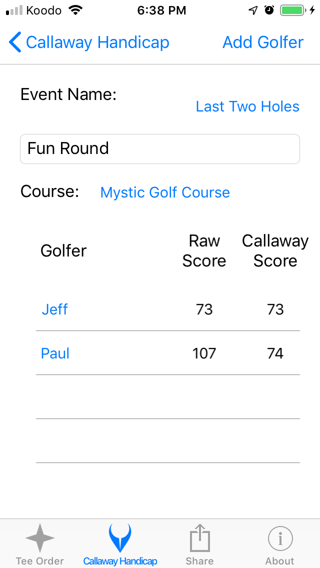 Completed Mystic Round screenshot from Cruncher Callaway Handicap Calculator App on iPhone
