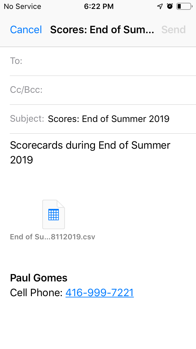 Email Event CSV screenshot from Cruncher Callaway Handicap Calculator App on iPhone