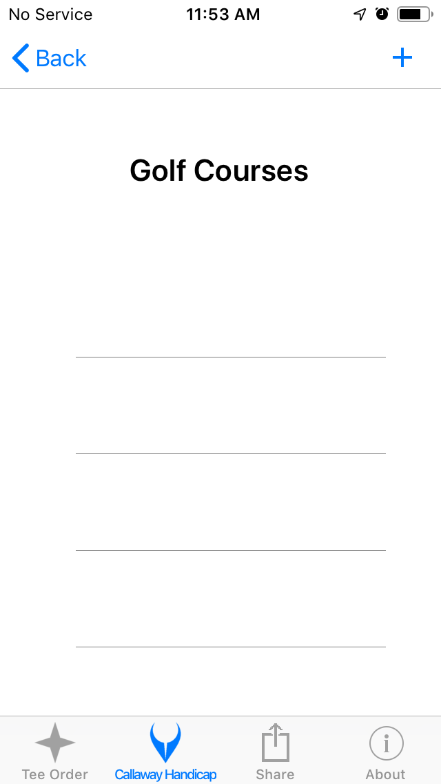 Empty List of Golf Courses screenshot from Cruncher Callaway Handicap Calculator App on iPhone