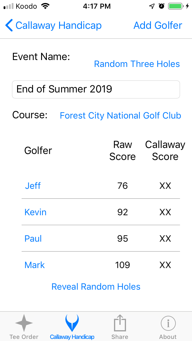 Hidden Random Three Holes Excluded screenshot from Cruncher Callaway Handicap Calculator App on iPhone