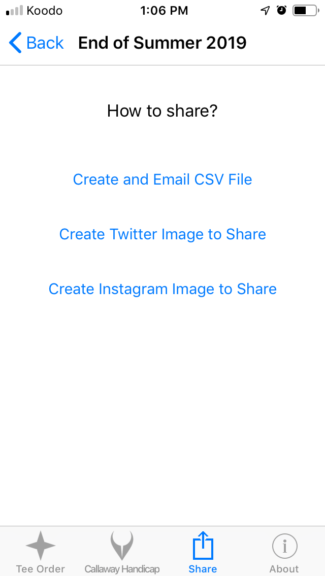 Share Event as Twitter Image screenshot from Cruncher Callaway Handicap Calculator App on iPhone