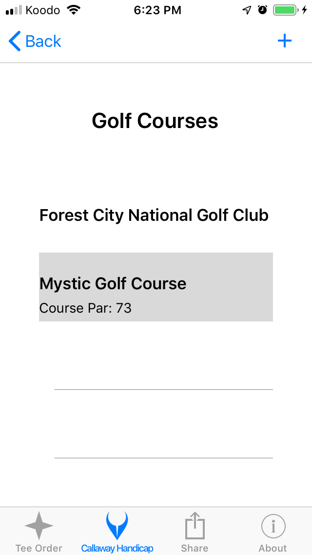 Mystic added to Golf Courses screenshot from Cruncher Callaway Handicap Calculator App on iPhone