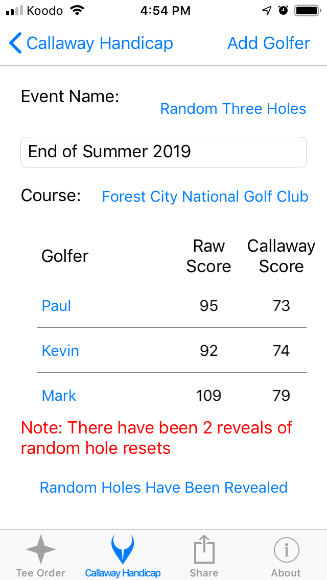 Notification of Revealed the Random Three Holes Excluded Again screenshot from Cruncher Callaway Handicap Calculator App on iPhone