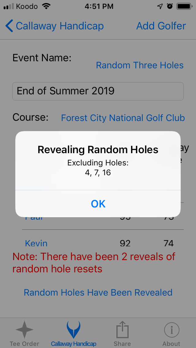 Revealed the Random Three Holes Excluded Again screenshot from Cruncher Callaway Handicap Calculator App on iPhone